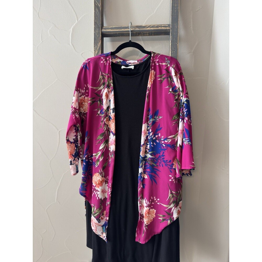 Pink Lily Open Front Kimono Jacket One size Pink with flowers